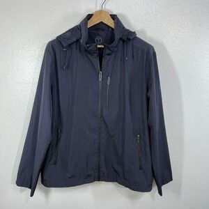 TUMI Tech Mens‎ XL Hooded Windbreaker Jacket Gray Travel Lightweight Zip Pockets